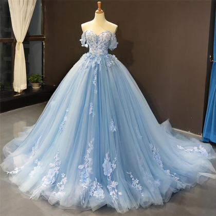 Off Shoulder Prom Dress Lace Appliques Ball Gown..