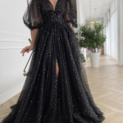 Fashion Black V Neck Long Prom Dress, Shiny..