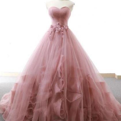 Pink Tulle Long Prom Dress Hand Made Evening Dress..