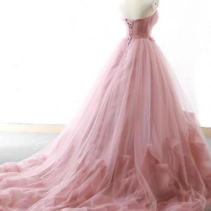 Pink Tulle Long Prom Dress Hand Made Evening Dress..