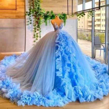 Fashion Blue Ball Gown Fashion Prom Dress Evening..