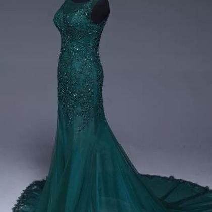 Green Tulle Mermaid Prom Dresses Lace Appliques..