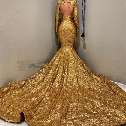 Gorgeous Gold Sequins Long Sleeves Evening Dress..