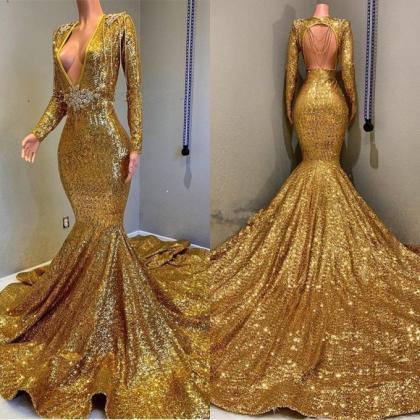 Gorgeous Gold Sequins Long Sleeves Evening Dress..