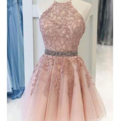 Lace Blush Pink Homecoming Dress Beading Sash..