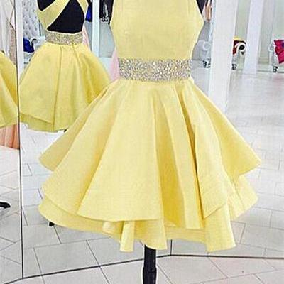Yellow Beads Open Back Short Prom Dress Homecoming..
