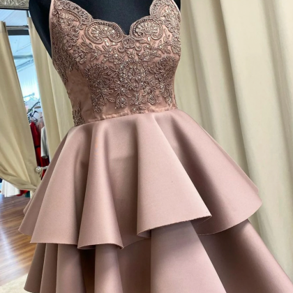 Cute Satin Layers Lace Applique Short Prom Dress..