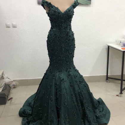 Green Mermaid Off The Shoulder Prom Evening Dress..