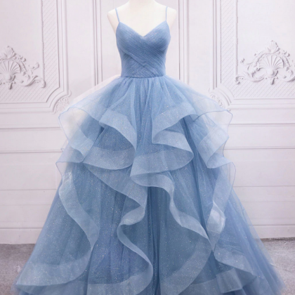Strap Blue Prom Dresses,tulle Long Evening Dress..