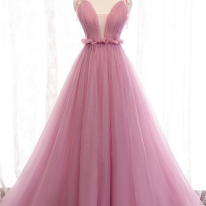 Pink V-neck Line Straps Tulle Long Evening Dress..