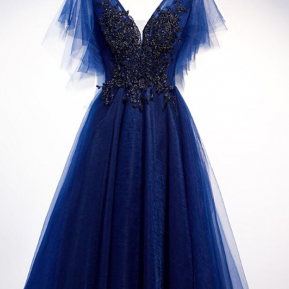 Blue Party Dress With Lace Applique Evening Formal..