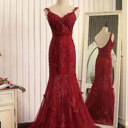 Red Tulle Lace Applique Evening Dress V-neck Open..