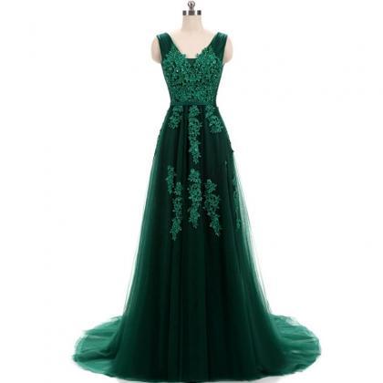 Hunter Green Lace Applique Hand Made Tulle Prom..