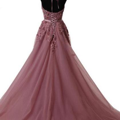 Long Prom Dresses Halter Hand Made A Line Lace..