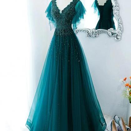 Green V Neck Tulle Sequin Beads Long Prom Dress..