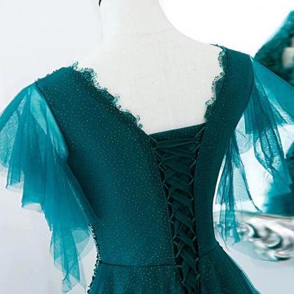 Green V Neck Tulle Sequin Beads Long Prom Dress..