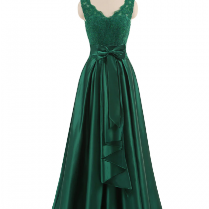 Green A-line V-neck Evening Dress Hand Made With..