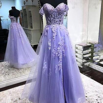 Custom Off Shoulder Lavender Lace Long Prom..