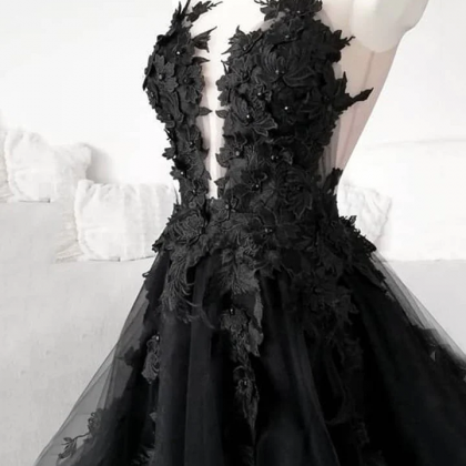 Hand Made Black Lace Tulle Long Prom Dress Black..