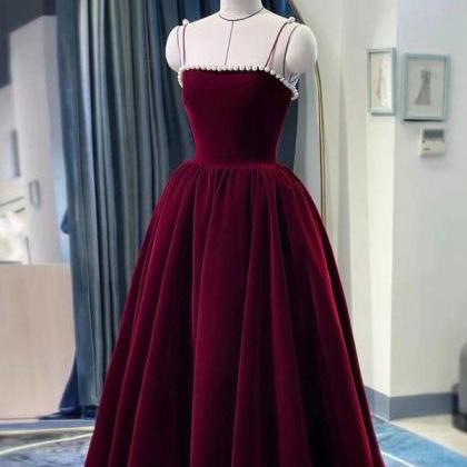 Burgundy Spaghetti Strap Velvet Tea Length Prom Dress With With Pearls main image 0