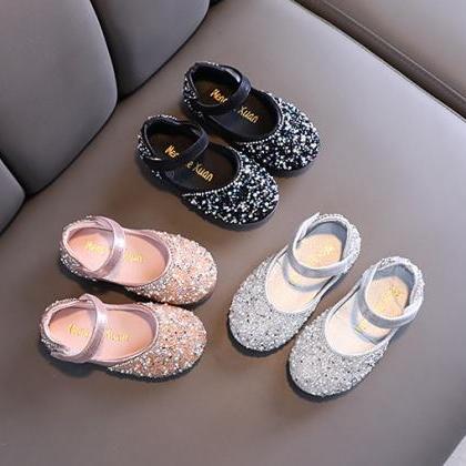 Girls Rhinestone Leather Shoes Spring Pearl Bow..