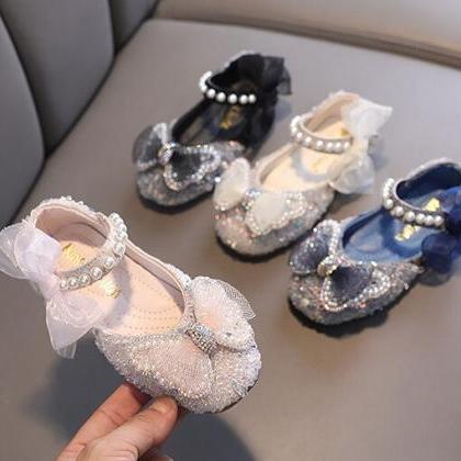 Girls Sequins Bow Leather Shoes Spring..