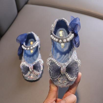 Girls Sequins Bow Leather Shoes Spring..