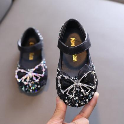 Girls Rhinestone Leather Shoes Kids Sequin Bowknot..
