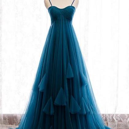 Blue Tulle Straps Long High Waist Prom Dress..