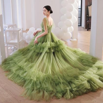 Hand Made Light Green Layers Tulle Sweetheart Long..