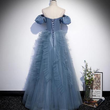 Blue Satin Tulle Long Prom Dress Full Length..