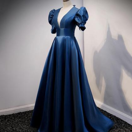 Fashion Blue Satin Long Prom Dress A Line Custom..