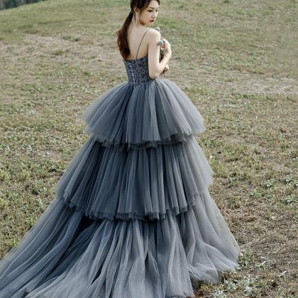 Hand Made Gray Tulle Lace Long Ball Gown Prom..