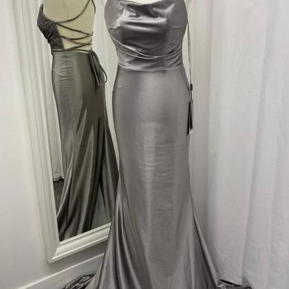 Grey Satin Backless Long Prom Dress Evening Dress..