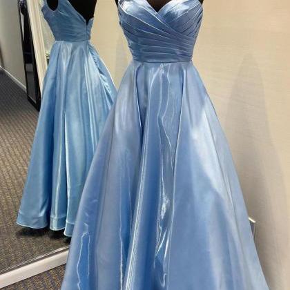 Blue One Shoulder Sky Blue Long Prom Dress With..