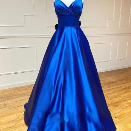 Full Length Blue V Neck Satin Long Prom Dress..