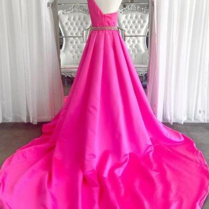 One Shoulder Open Back Pink Long Prom Dresses With..