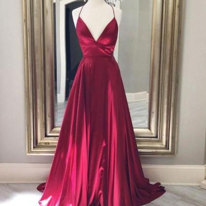 Simple Red V Neck Hand Made Satin Long Prom Dress..