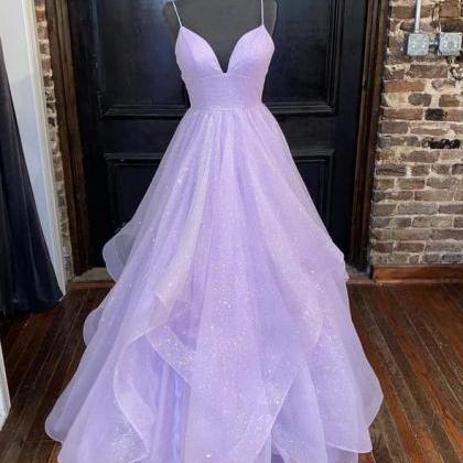 Purple Tulle Long Prom Dress Strap A Line Evening..