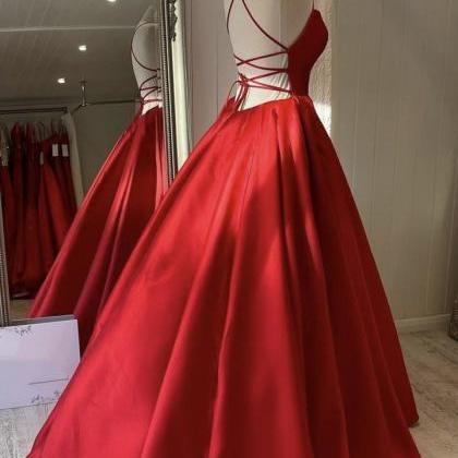 Hand Made Red Satin Long Prom Dress A Line Evening..