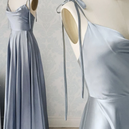 Blue Simple Satin Long Prom Dress A Line Evening..