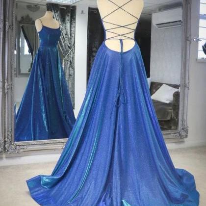 Blue Shiny Backless Blue Prom Dresses Open Back..
