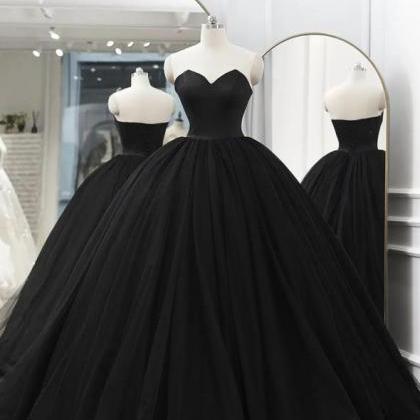 Strapless Black Tulle Long Ball Gown Dress Prom..