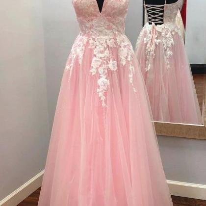 Pink Prom Dress Lace Up Back Evening Dress Formal..