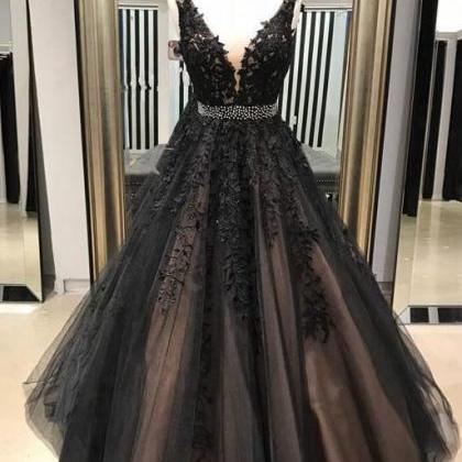 Black A Line Prom Dress With Lace Sweet 16 Dresses..