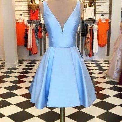 Blue V Neck Simple Short Prom Dresses,homecoming..