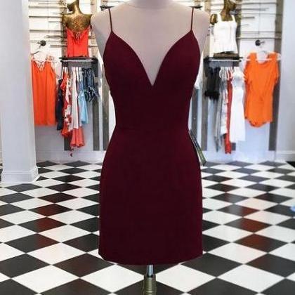 Simple Wine Red Strap Short Prom Dresses..