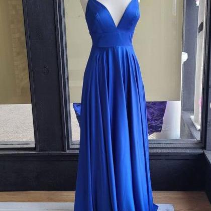 Blue Simple Blue Satin Long Prom Dress, Blue Satin..