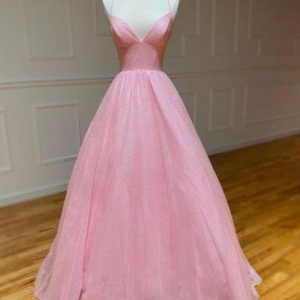 Pink A-line V Neck Tulle Long Prom Dress Evening..