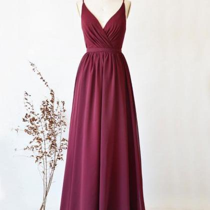 Simple Burgundy Chiffon Lace Long Prom Dress Hand..